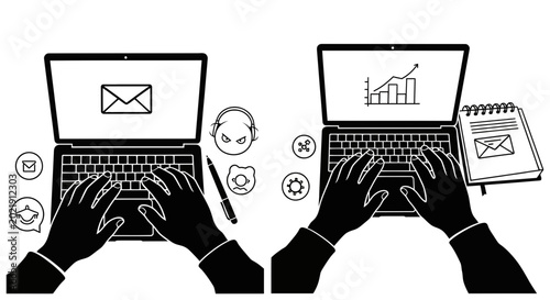Hands typing on laptops with business and communication icons