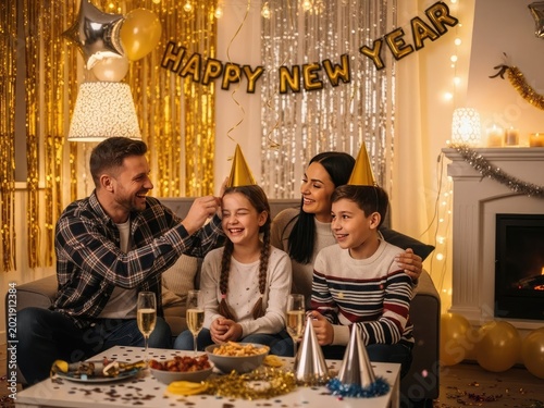 Happy young friends celebrating new year with food and drinks