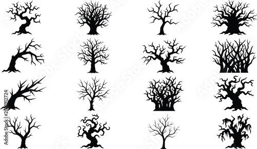 Canvastavla Spooky dead tree silhouette vector bundle featuring creepy branches bare roots a