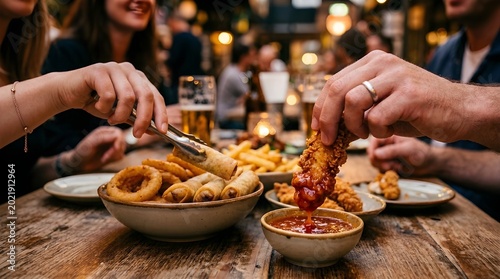 Friends enjoying a variety of fried appetizers and beer at a casual restaurant with a warm, inviting ambiance