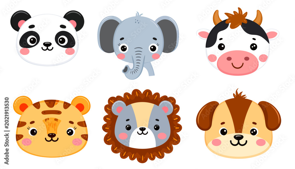 Fototapeta premium Cute Cartoon Animal Faces Collection Adorable Wildlife Characters.