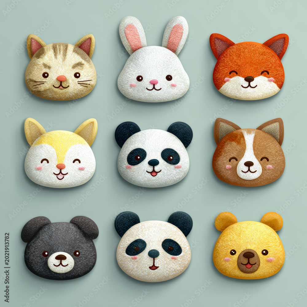 Fototapeta premium Cute animal face icon kawaii animal head cartoon animal avatar animal emoji set baby animal character pastel animal illustration children nursery