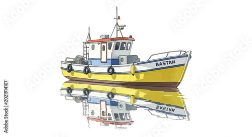 Yellow and white commercial fishing vessel with water reflection