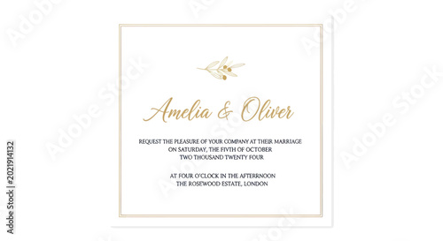 Fotografie Elegant Wedding Invitation with Floral Detail and Golden Text for Amelia & Olive