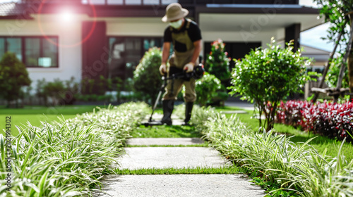 Landscaper trimming hedge garden maintenance lawncare worker walkway sunlight outdoor yard professional service
