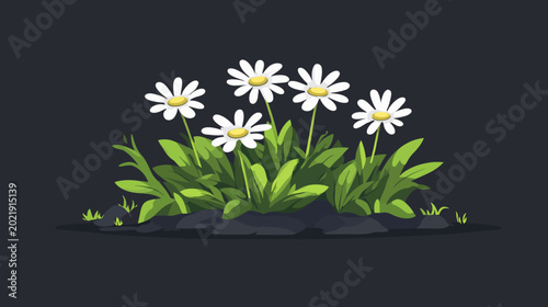 Digital artwork of a daisy flower bed with white blooms and green leaves