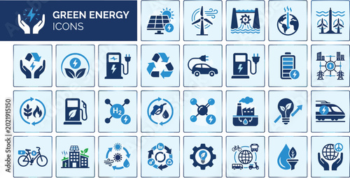 Green energy icons illustrate various sustainable power sources and environmental technologies in a grid format.