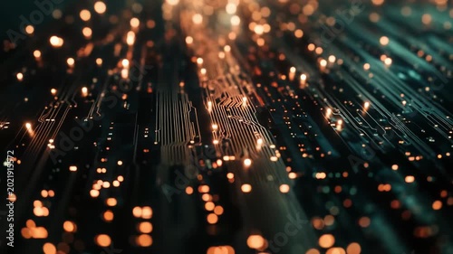 Digital data streams are flowing across an abstract electronic circuit board, representing the rapid processing and transfer of information in advanced technology, computing, and ai systems