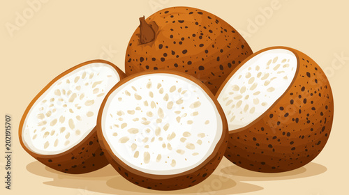 Digital illustration of three whole and two sliced yams on beige background