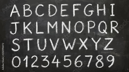 Quadro su tela White chalk letters and numbers handdrawn in a sansserif font on a black chalkbo