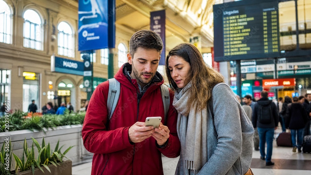 Fototapeta premium Young Couple Travelers Checking Mobile App for Train Schedule at Busy Station
