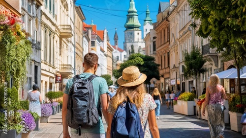 Young Couple of Tourists with Backpacks Exploring Historic Street in Old Town Bratislava Slovakia