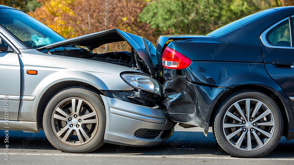 Naklejka premium Two damaged cars after rear end collision accident on city road with insurance and traffic concept