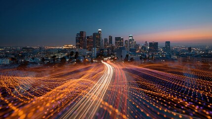 Captivating abstract light trails and glowing bokeh create a futuristic city skyline at dusk