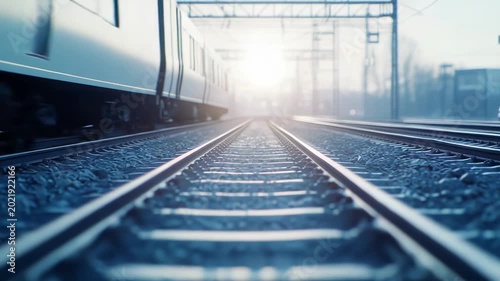 Railway tracks leading into the distance with a bright light at the horizon, capturing the journey concept and industrial infrastructure of travel and transportation