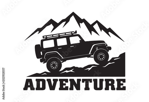 Off-road jeep silhouette with mountain background.