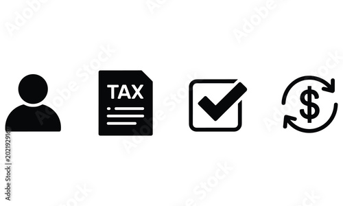Four simple black icons representing a person document tax verification and financial exchange processes displayed as a minimal set for professional digital interface design project usage