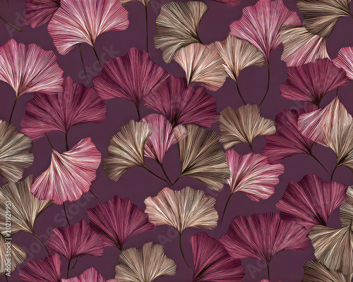 Seamless Ginkgo Leaf Pattern in Burgundy and Beige Luxury Botanical Background