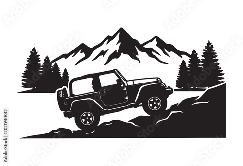 Off-road jeep silhouette with mountain background.