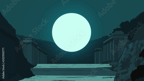 A luminous celestial body illuminates stone architecture and stairways amidst twilight mountains, evoking a mystical atmosphere through cyan, gray, and indigo hues
