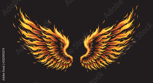 Stylized flaming wings spreading across a dark background create a powerful and energetic visual element for fantasy designs.