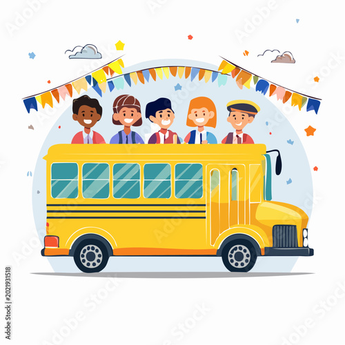 Happy Children Riding Yellow School Bus with Flags