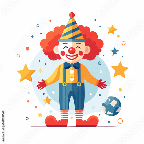 Happy Clown Character with Stars and Ball