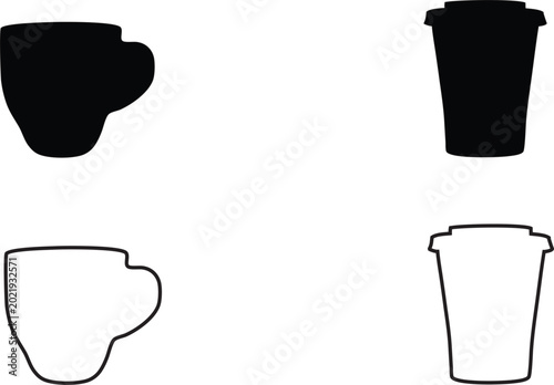 Coffee Cup Icons in Black Silhouette and Thin Line Vector Art
