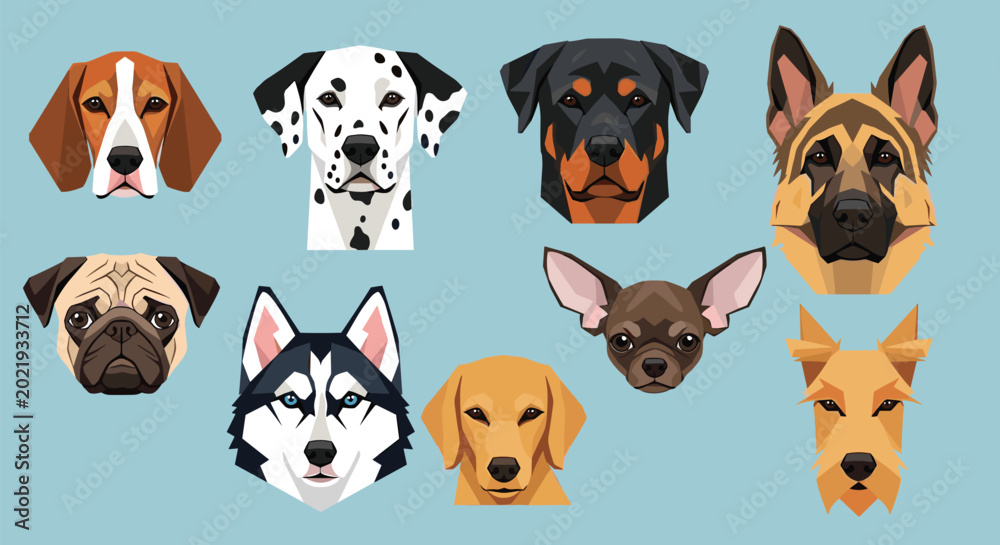 Obraz premium Collection of stylized geometric dog portraits representing various breeds such as dalmatian, husky, pug, and german shepherd on blue.