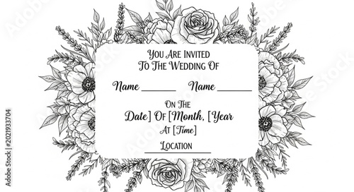 Elegant Floral Wedding Invitation Template with Blank Space for Details.