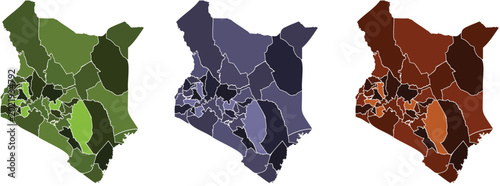 Kenya Vector map Bundle - Administrative County Borders in Earthy Green, Purple, and Orange Color Variations