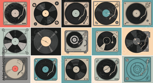 Grid of fifteen different vintage vinyl record players in various colors and styles representing retro music culture and audio equipment.