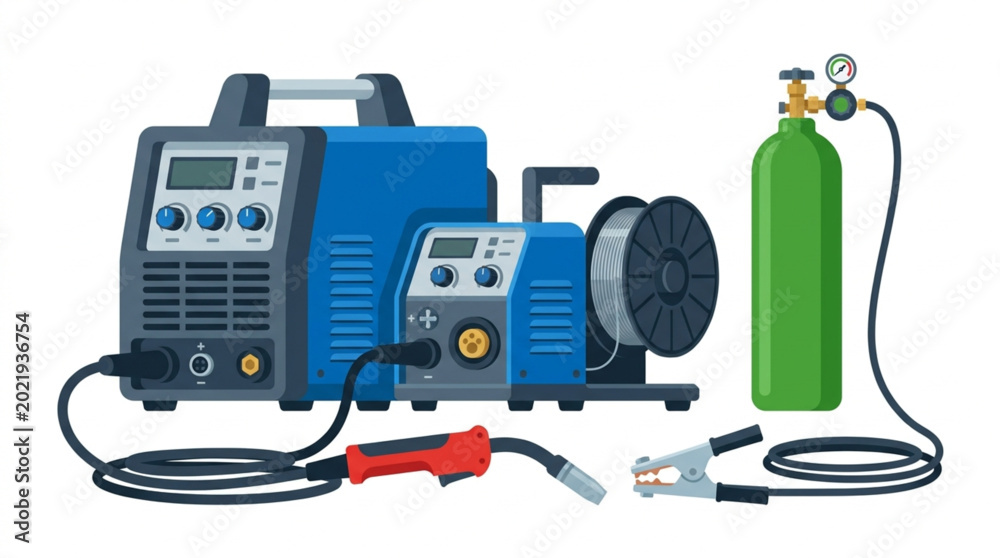 Naklejka premium Flat lay composition showcasing welding equipment including a mask, gas cylinder, torch, power source, gloves, clamp, and wire spool against a clean white background