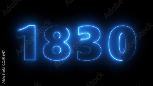 Glowing neon number 1830 animated sign, electric blue light effect on black background