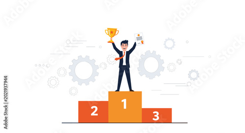 Happy businessman standing on the number one spot of a winner podium holding a gold trophy and a merit certificate.