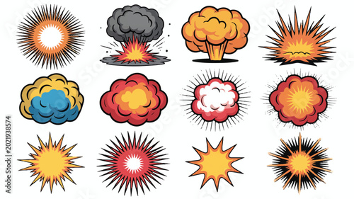 Vibrant cartoon comic style explosion and impact visual effect set, featuring diverse blast designs and radiant starburst elements for graphic projects