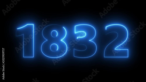 Neon blue glowing number 1832 sign on black background, digital countdown timer animation