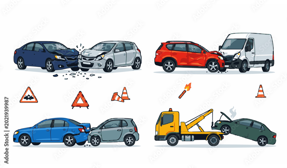 Fototapeta premium Road accident damaged cars vector set for insurance repair and traffic safety illustration collection