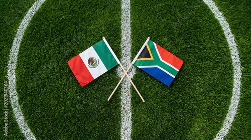 Mexico vs South Africa Soccer Match with National Flags on Green Grass Pitch