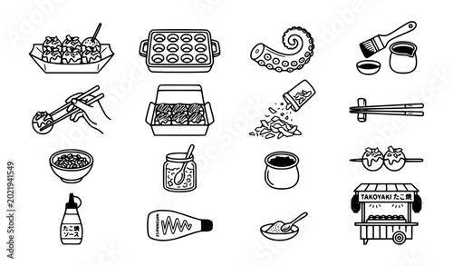 Bild auf Leinwand Cute Kawaii Takoyaki Japanese Snack Icon Collection Vector Cartoon Set