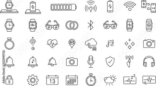 Tableau sur toile Smart Wearable Technology Line Icon Set With Watches, Wireless Signals, Battery,