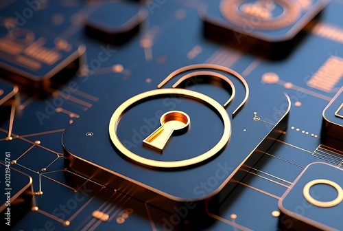Golden Padlock Icon On Dark Blue Abstract Digital Circuit Board Representing Cybersecurity And Data Protection