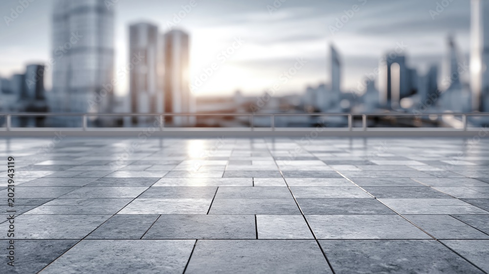 Fototapeta premium Modern Cityscape Rooftop Terrace with Tiled Floor and Blurred Skyscrapers at Sunrise