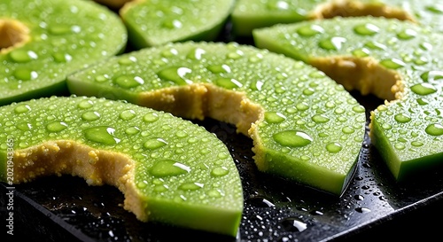 Fresh Green Fruit Slices Covered In Vibrant Water Droplets On A Dark Background For A Healthy Refreshing Snack