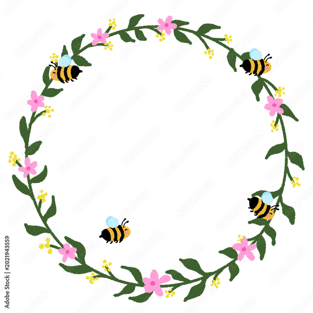 Fototapeta premium Cute Bee Floral Wreath Frame with Pink Flowers Hand Drawn Illustration