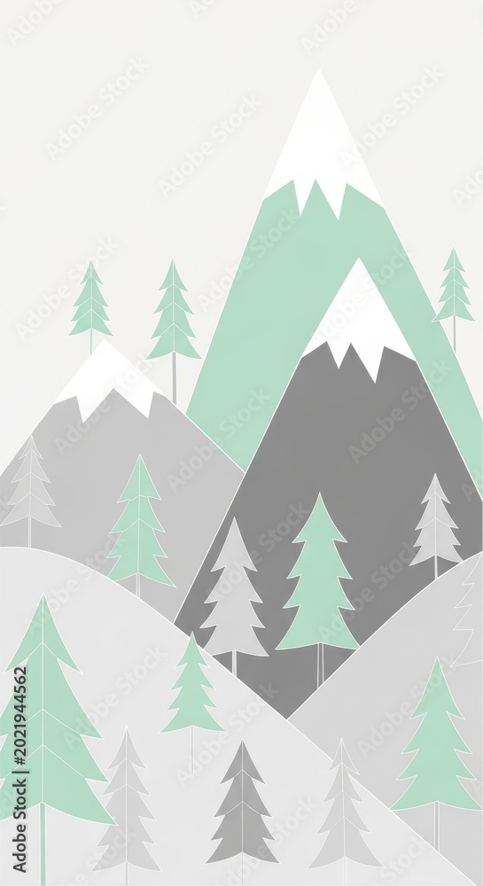 Obraz premium Minimalist Landscape of Mountain Range and Pine Trees in Soft Pastel Colors