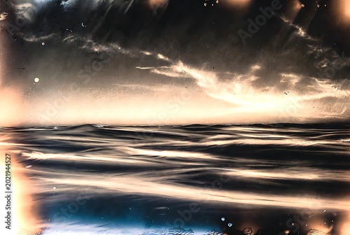 Dark Abstract Ocean Waves Reflecting Ethereal Sunset Sky With Textured Overlay