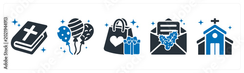 Bild auf Leinwand A set of 5 mix icons as holy book, balloon, christmas shopping