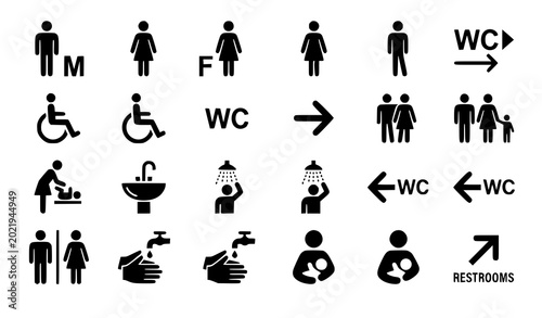 Fotografie Restroom and Public Sign Icon Set with WC Accessibility and Directional Vector S