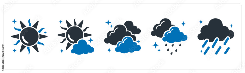 Fototapeta premium A set of 5 mix icons as sun, sunny, cloudy